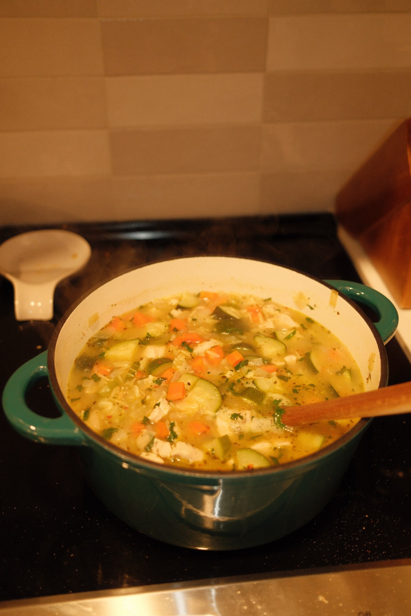 Pot of Italian wedding style chicken and vegetable soup
